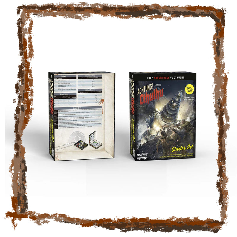 Gaming starter set packaging with game rules and graphics on a white background