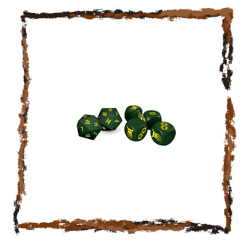 Green dice with yellow symbols on a white background