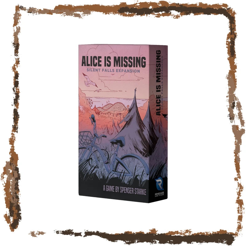 The board game box for 'Alice Is Missing: Silent Falls Expansion' by Spenser Starke, featuring a stylized illustration of a tent, bicycle, and figures in a pink, purple, and blue-toned landscape. The box is centered on a white background with a distressed brown border.