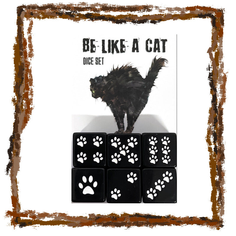 Dice set with paw prints and a black cat illustration on a white background