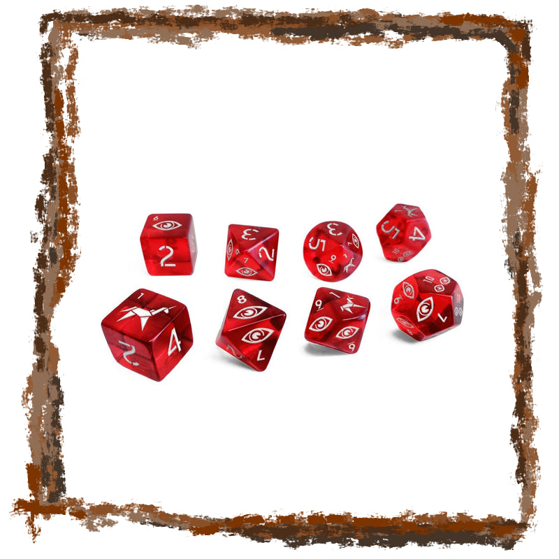 Red dice with white symbols on a white background