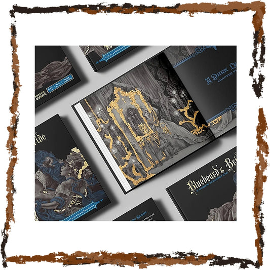 A styled flat-lay arrangement of several dark fantasy book covers and a central open book spread, featuring illustrated figures, ornate gold throne artwork, and gothic typography on black and blue-gray covers. The books are arranged on a light gray surface with a distressed brown decorative border around the image.