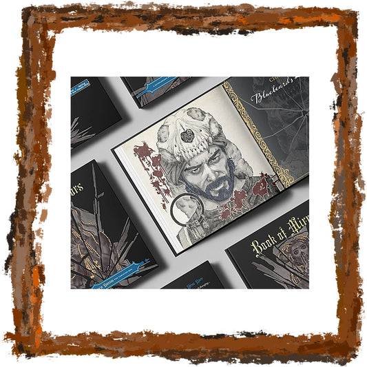 A styled flat-lay of a book or booklet titled 'Book of Murder' with a central sketch illustration of a bearded man in a hat, surrounded by matching dark book covers on a light gray background, all framed by a distressed brown border.