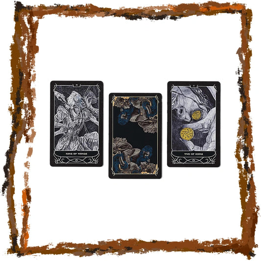 Three illustrated tarot cards are arranged side by side on a white background, framed by a distressed brown border. The left card is labeled 'TYPE OF MARRIAGE', the center card is dark with blue and gold celestial artwork, and the right card is labeled 'TYPE OF DIVORCE'.