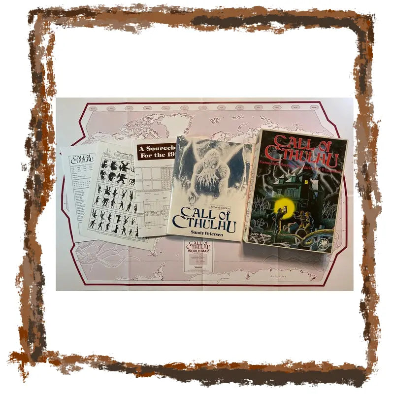 Collection of 'Call of Cthulhu' game books and materials on a world map