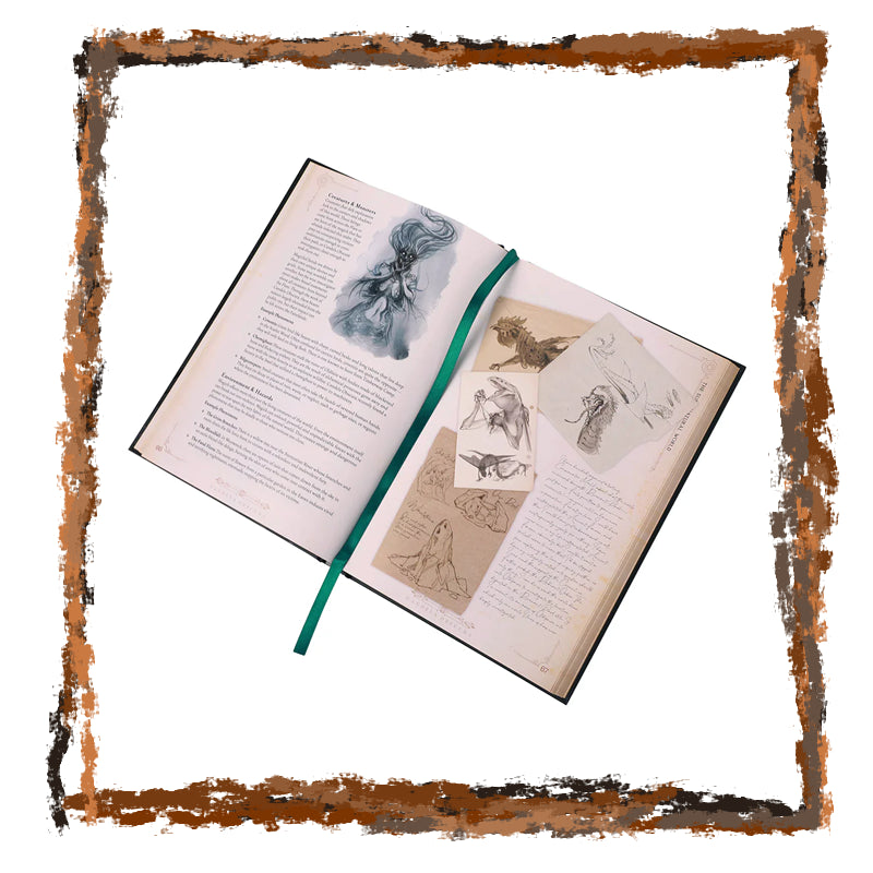 Open book with illustrations and text, framed by a decorative border