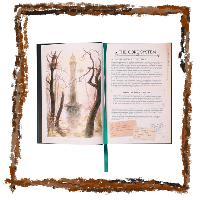 Open book with illustration and text on a white background