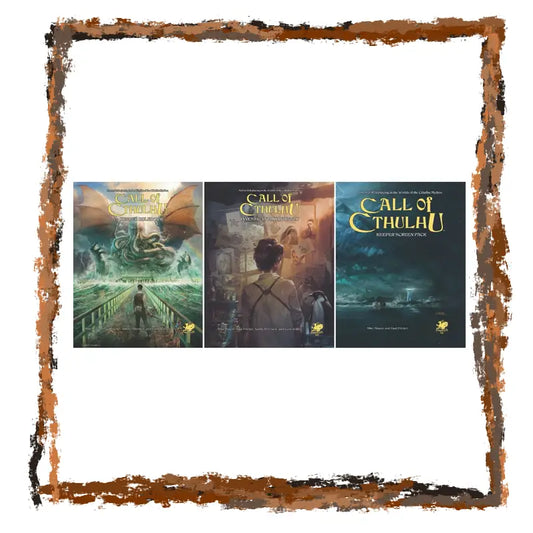 Three 'Call of Cthulhu' cover illustrations with a decorative brown border.
