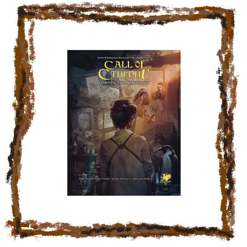 Bookcover of 'Call of Cthulhu' Investigator Handbook with a person looking at a wall of documents.