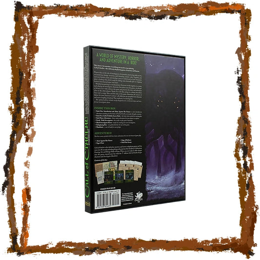 The back cover of the Call of Cthulhu tabletop gaming box, displayed at a three-quarter angle. The cover features a dark, atmospheric illustration of a figure under a starry night sky, with green text detailing the universe scale, treasure hunt rules, and included adventures.