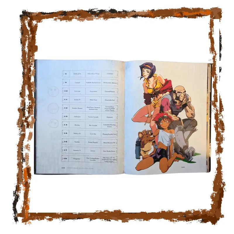 An open printed book or booklet laid flat on a white background, showing a character illustration on the right page and a table on the left page. The image has a rough brown decorative border around the edges.
