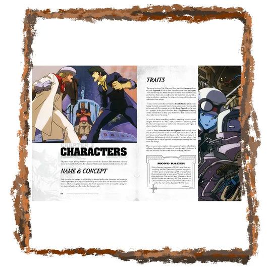 A printed character reference card or booklet page with anime-style illustrations and text sections labeled 'CHARACTERS', 'NAME & CONCEPT', and 'TRAITS', surrounded by a distressed rust-colored border on a white background.