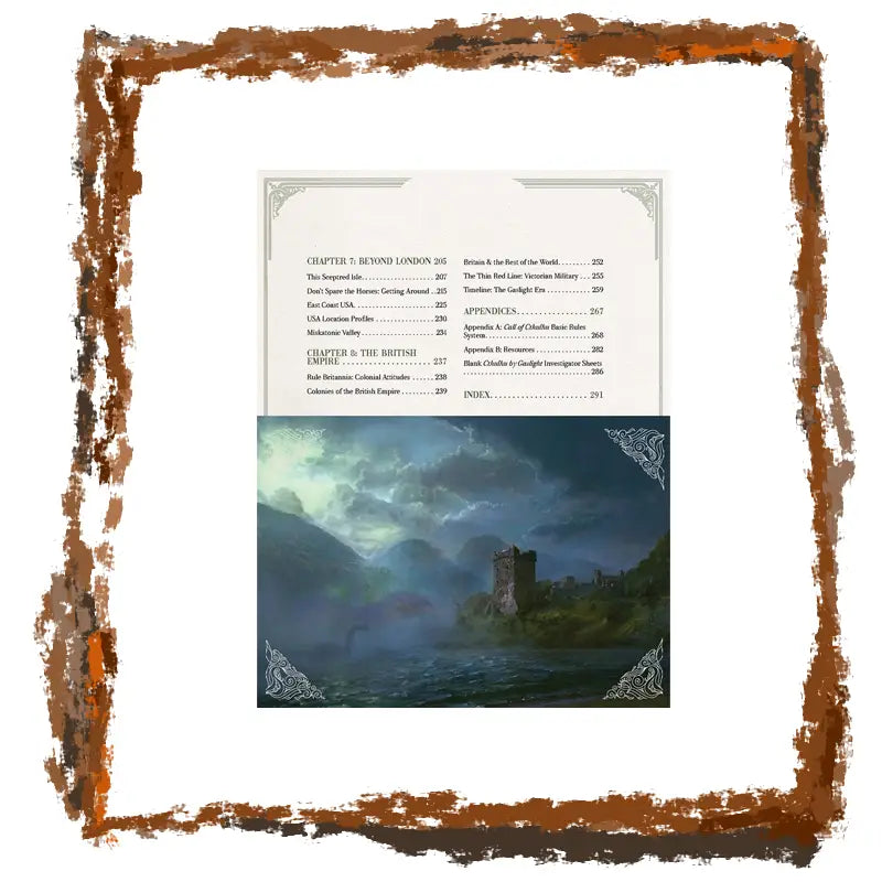 Book page with menu and castle illustration on a white background