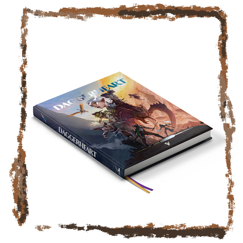 Book titled 'Daggerheart' with a dragon and warrior illustration on the cover, surrounded by decorative brown frame.