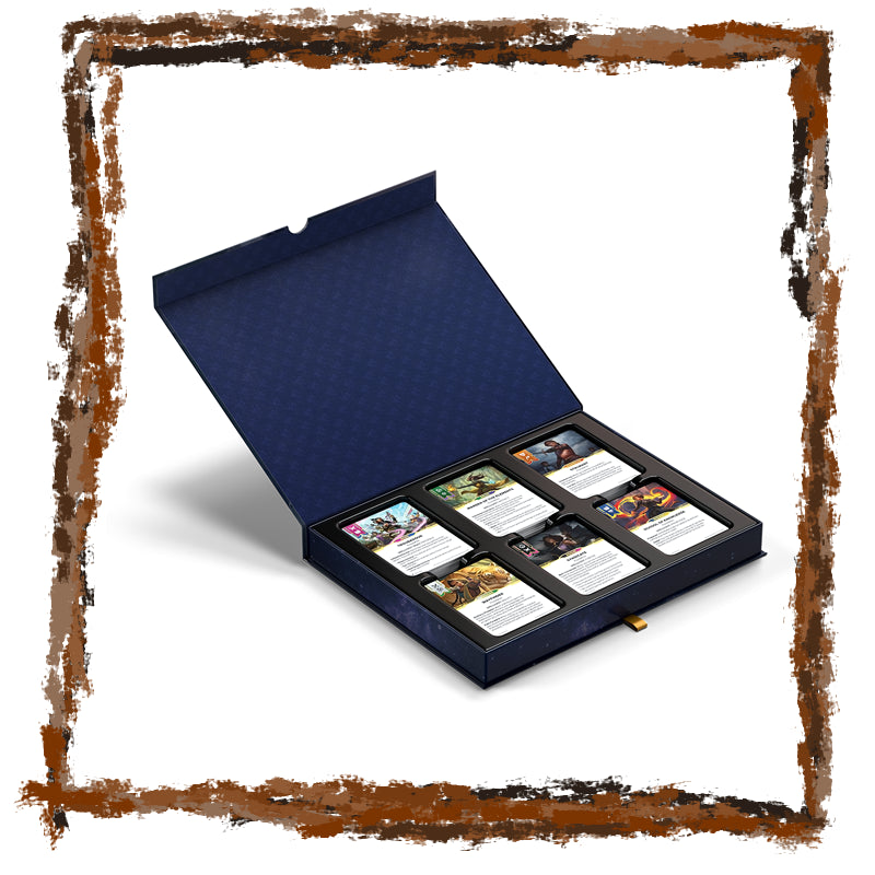 Open blue card box with trading cards inside on a white background