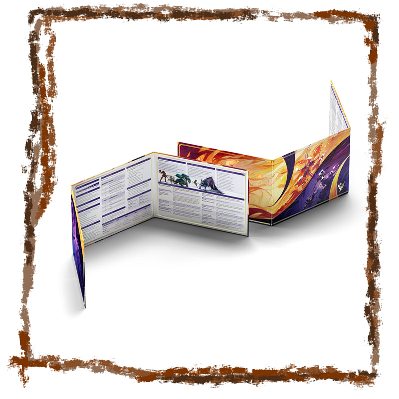 Open brochure with colorful design on a white background