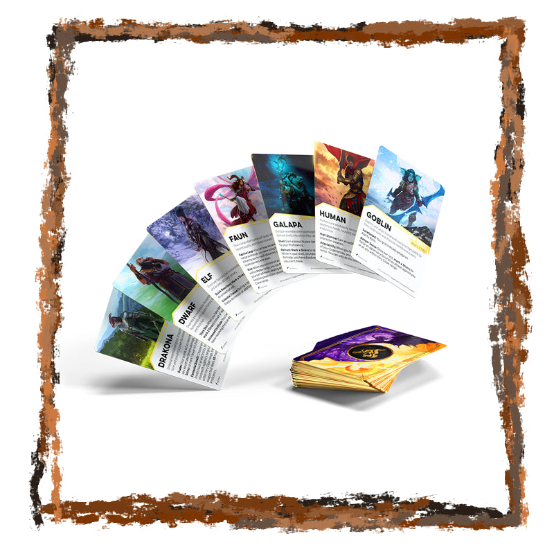 Set of character cards with a deck on a white background