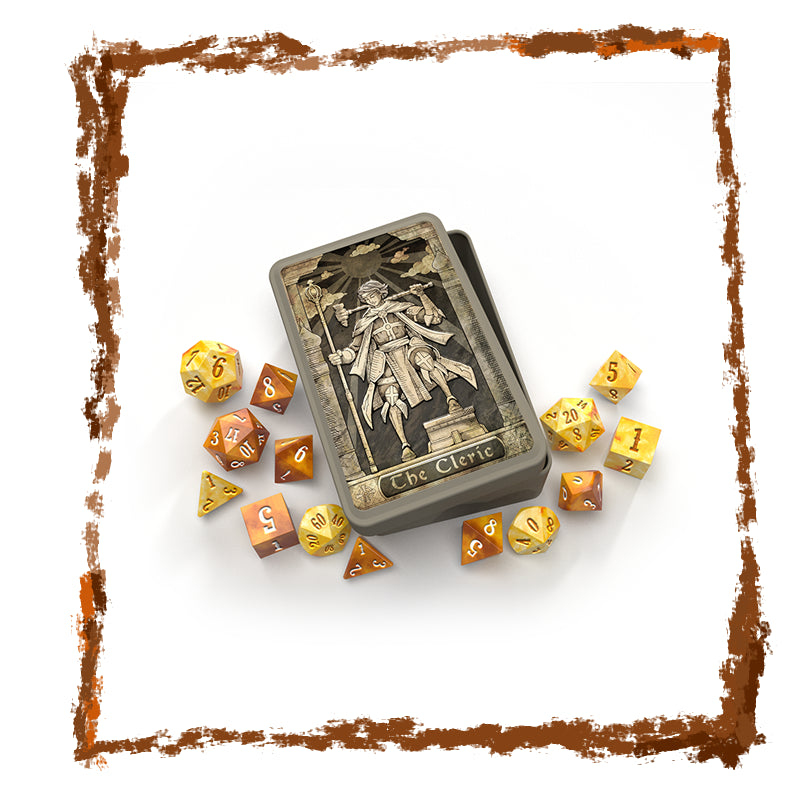 Dice set with 'The Cleric' character illustration on a white background