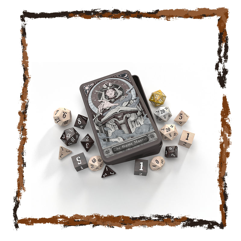 Collection of dice and a dice box with intricate design on a white background