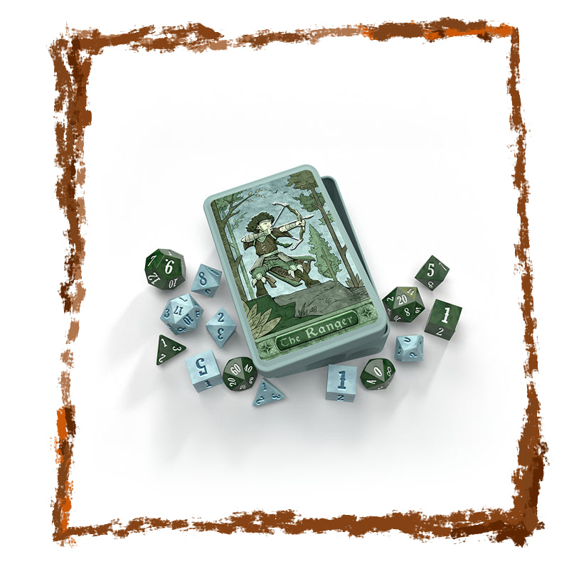 Dice set with 'The Ranger' tin box and dice on a white background