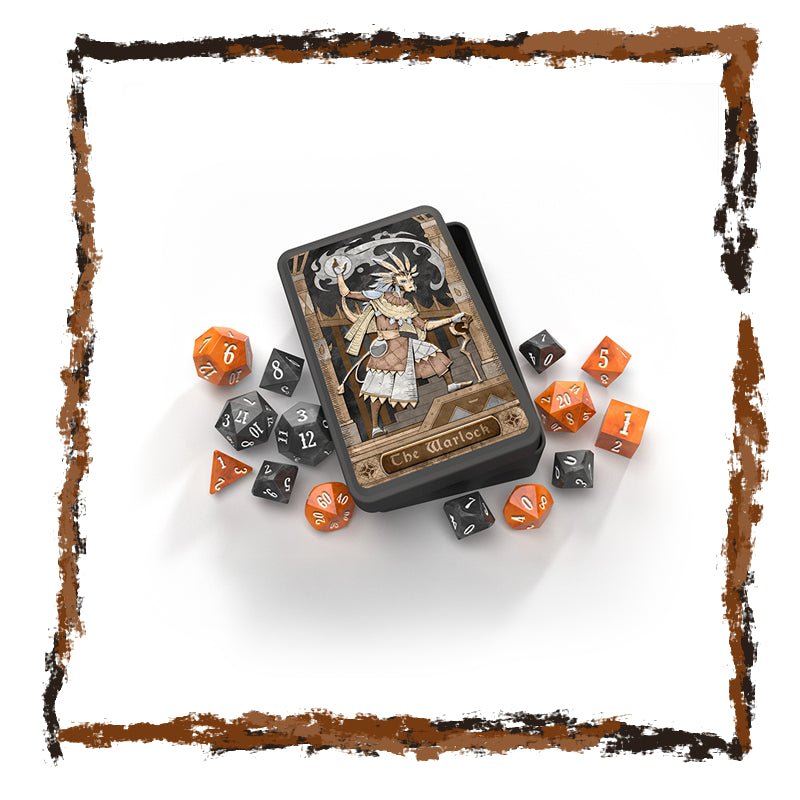 Dice set with a tarot card-style box labeled 'The Warrior' on a white background.
