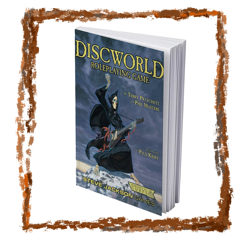 Book titled 'Discworld Roleplaying Game' by Terry Pratchett and Phil Masters, featuring a character with a sword on the cover.