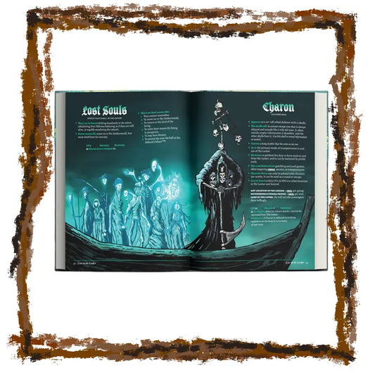 Open book with illustrations of 'Lost Souls' and 'Charon' on a dark background