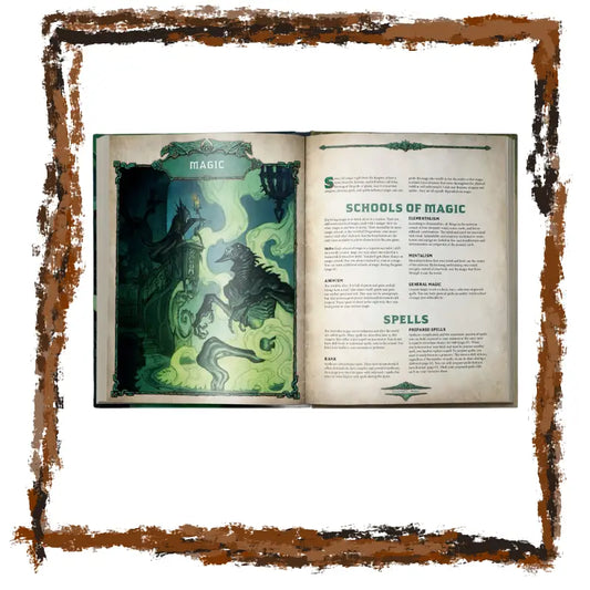 Open book with magical illustrations and text on a white background