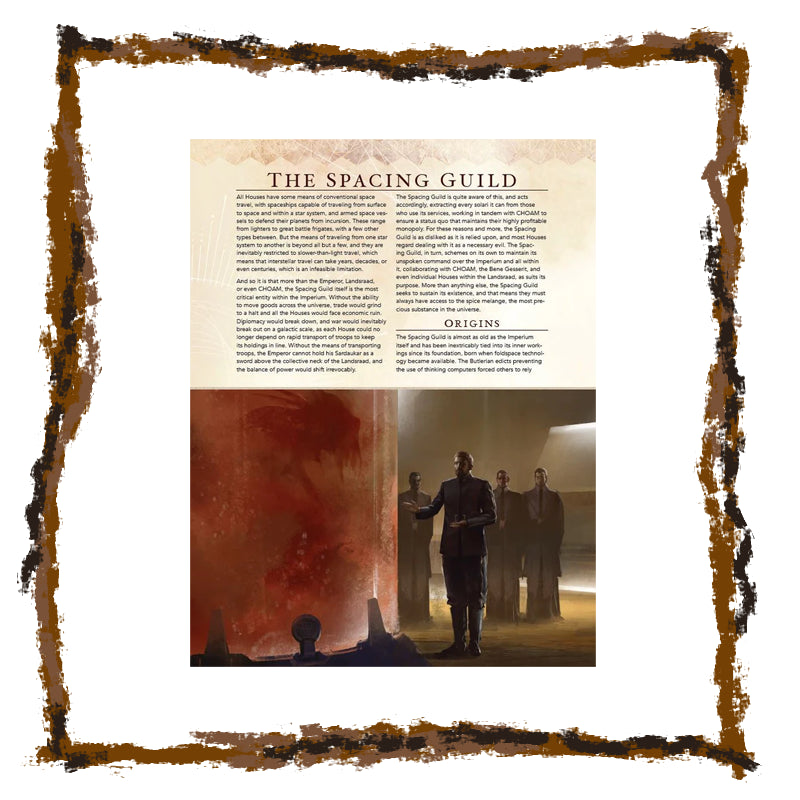 Page from a book or magazine featuring 'The Spacing Guild' with a scene of people in a dimly lit room.