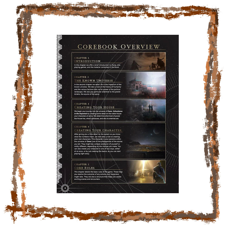 Corebook overview with chapter headings and images on a black background, framed with a rustic border.