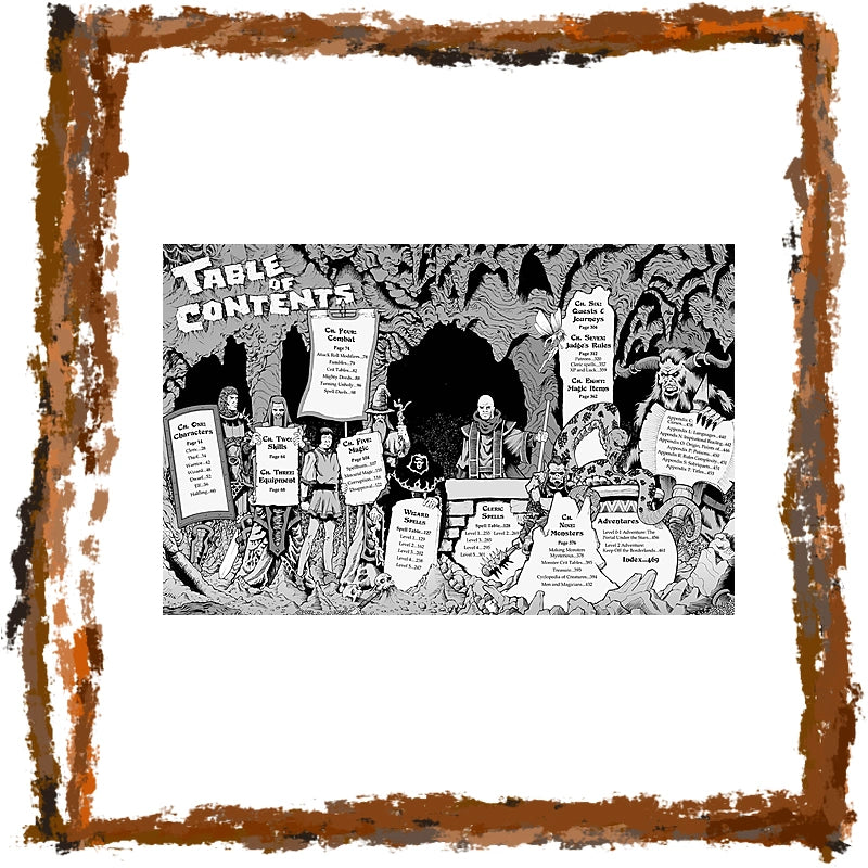 A black and white comic-style illustration with the title 'TABLE OF CONTENTS' at the top, showing illustrated figures, text panels, and a dark cave-like scene. The artwork is centered within a wide white border and surrounded by a distressed rust-brown frame.