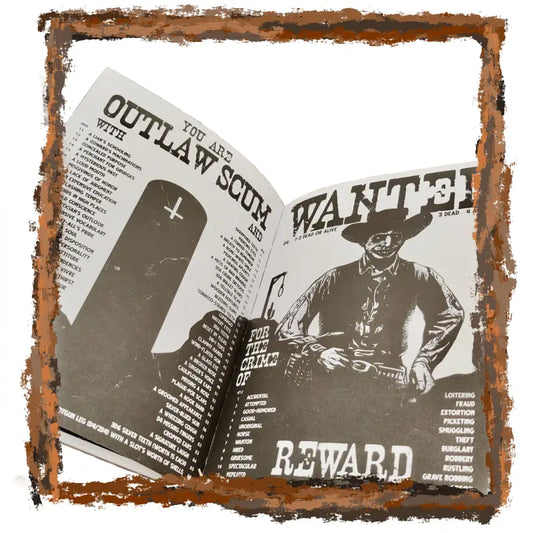 Open book with a wanted poster design featuring a cowboy and text.
