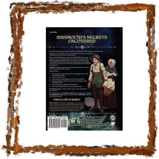 Back cover of the Innsmouth, featuring dark fantasy artwork of two figures on a black background with white and gold text, surrounded by a distressed brown border on a white field.