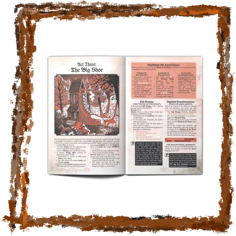 An open vintage-style book or magazine spread titled "Set Three: The Big Shoe," showing an illustration of a house and trees on the left page and text columns on the right page, centered on a white background with a distressed brown border.