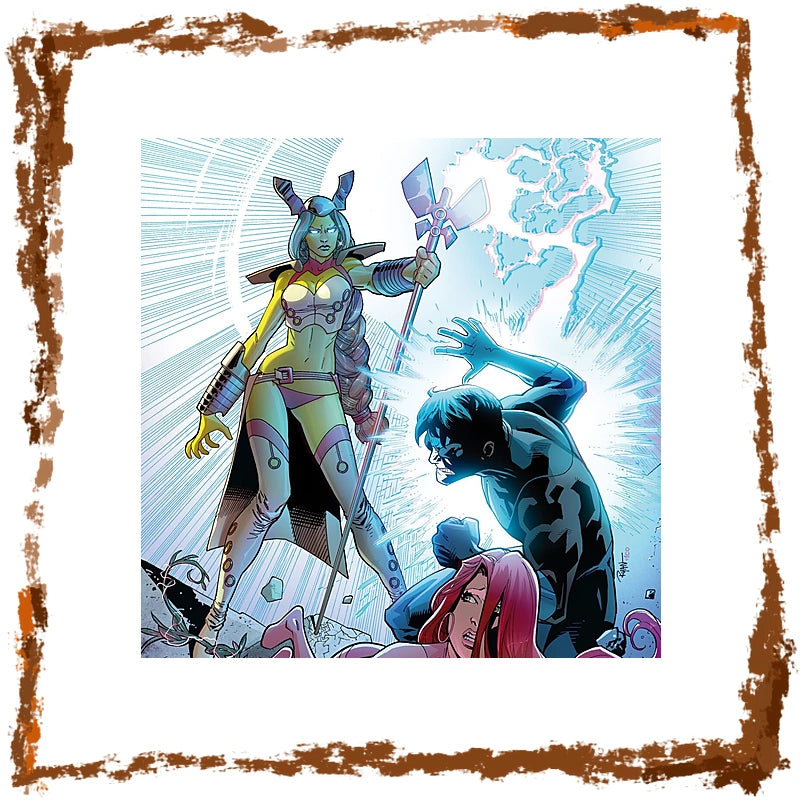 Comic book cover art featuring a green-skinned warrior holding a glowing axe, a dark blue-black costumed figure reaching out, and a pink-haired character at the bottom, set within a distressed brown border on a white background.