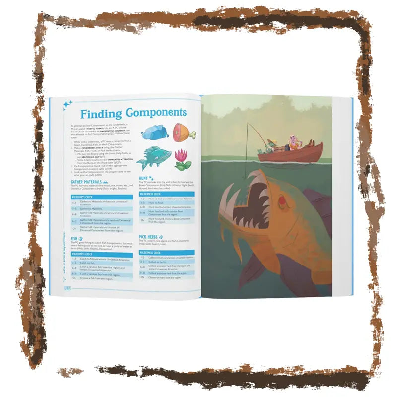 Illustrated book page with a fish, boat, and text on a white background
