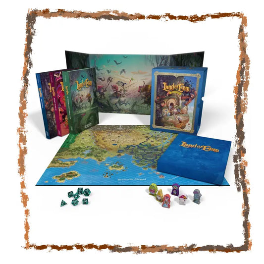 Board game set with colorful boxes, map, dice, and miniatures on a white background.