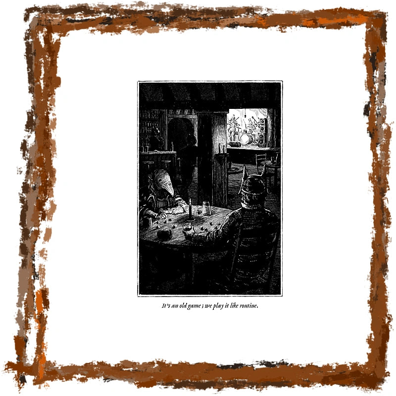 A square art print featuring a black and white woodcut-style illustration of two figures at a table in a dim interior, surrounded by a distressed brown border on a white background. Small caption text appears below the illustration.