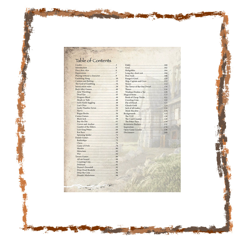 Table of contents for a book or document with a rustic frame.