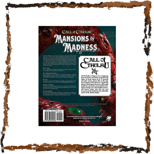 The back cover of the Call of Cthulhu: Mansions of Madness roleplaying game box, featuring a dark teal background with red monster illustrations and white title text, set against a rustic distressed brown frame on a white background.