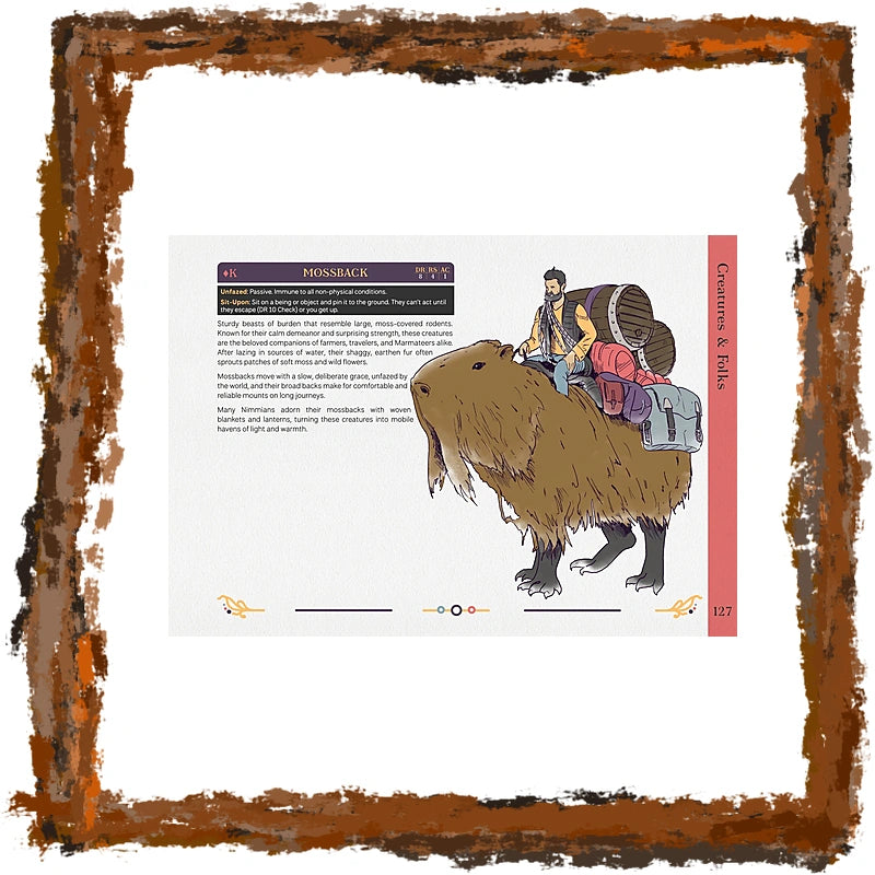 A book or magazine page featuring an illustration of a reindeer with a rider carrying large packs, surrounded by a rustic brown textured border on a white page.