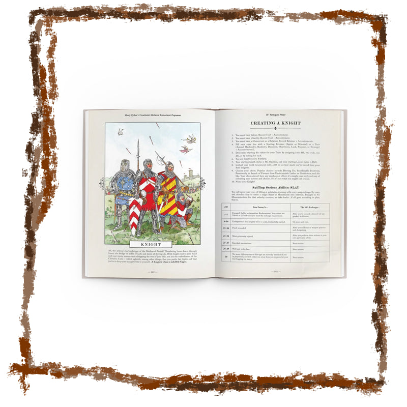 Open book showing illustrations and text on knights, with a decorative brown border.