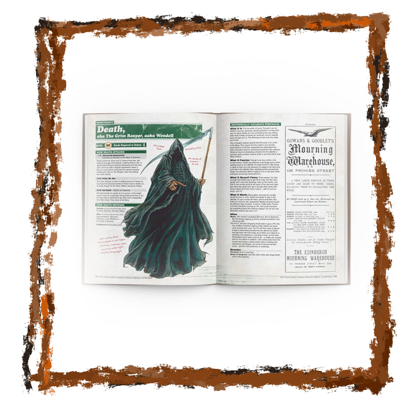 Open book with a green character illustration and text on a white background