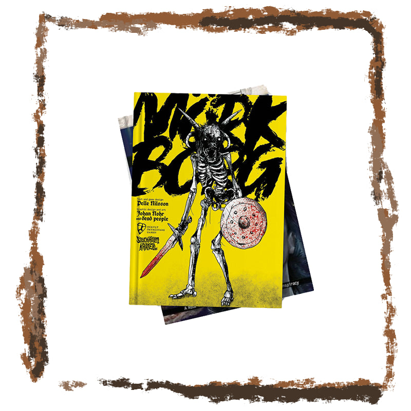 Book cover with a skeleton holding a sword on a yellow background