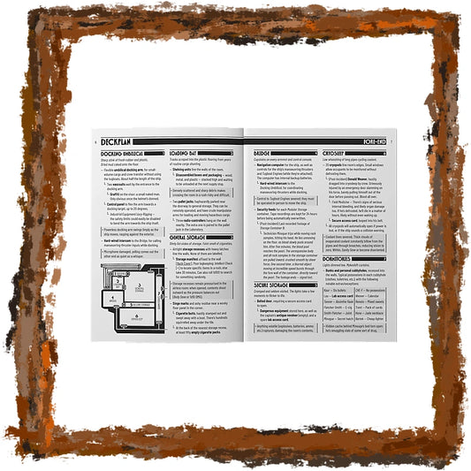 An open printed instruction booklet or manual spread shown against a white background, surrounded by a distressed brown border. The booklet contains black text, section headings, and a small floor plan diagram.