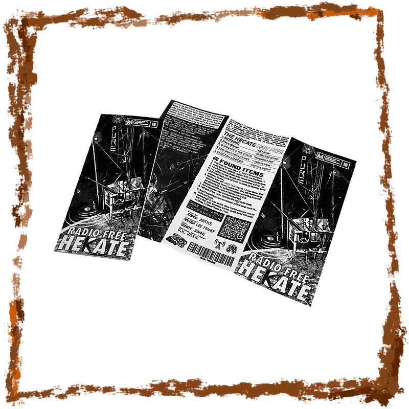 Three folded printed flyers or posters for 'Radio Free The Gate' are displayed diagonally on a white background with a distressed brown border.