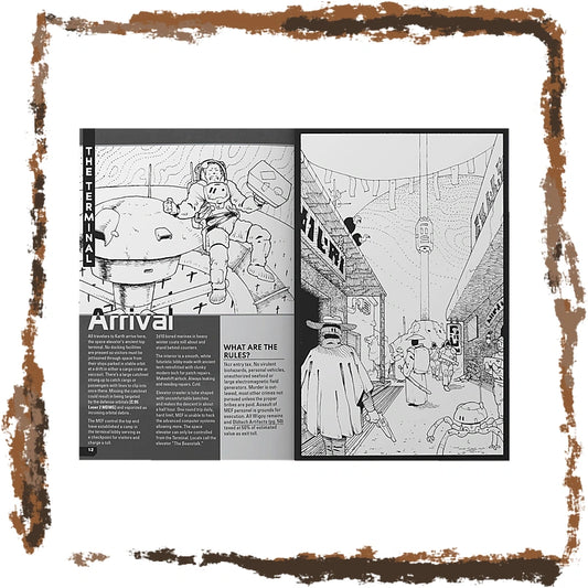 An open book or magazine spread showing two black-and-white illustrated pages with the title 'Arrival' and text about the film. The pages are centered on a white background with a distressed brown border around the edges.