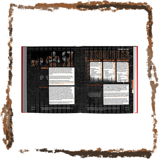 An open book or booklet spread showing printed content with the title 'PRISON RULES' at the top, photographed against a white background with a distressed brown border around the edges.