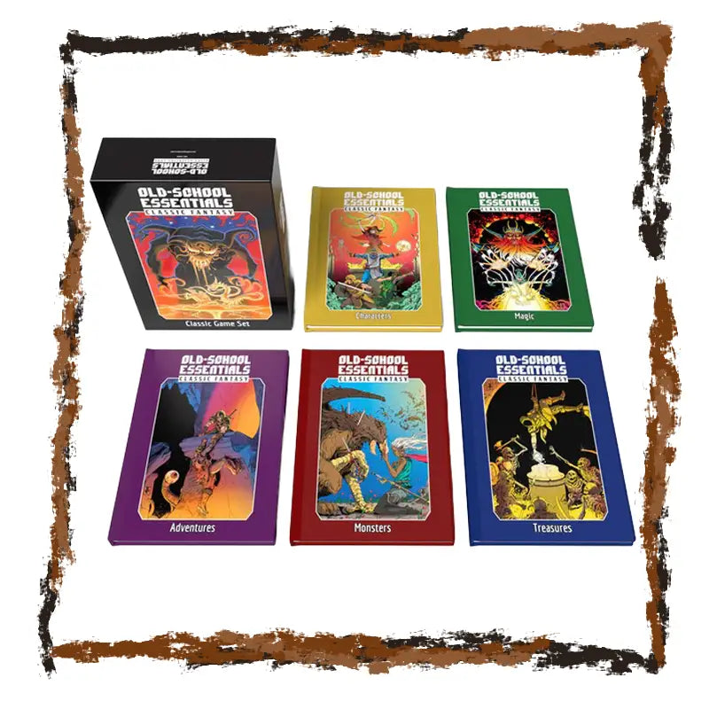 Collection of colorful Old Skool Essentials books with game-themed artwork on a white background.