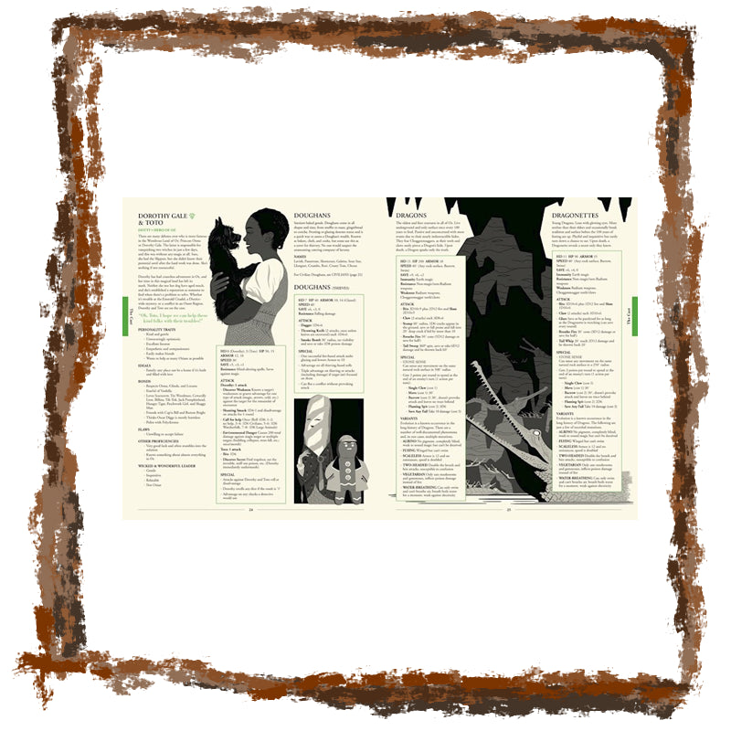 Book page with illustrations and text, framed with a brown border